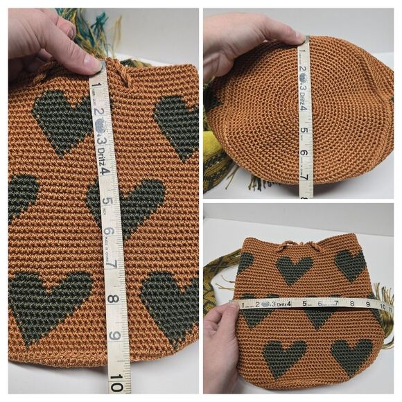 Heart Pattern Hand Crochet Wayuu Style Boho Ethnic Drawstring Shoulder Bag - Picture 8 of 8